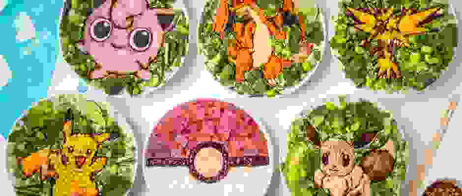 Set of 6 poke bowl artworks on branded background