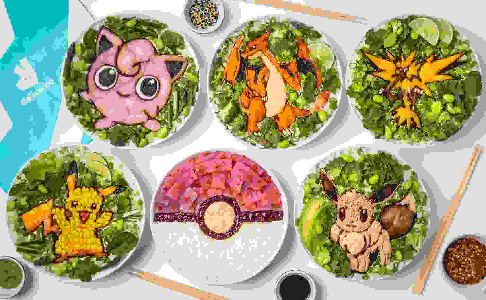 Set of 6 poke bowl artworks on branded background